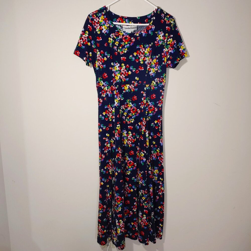 Diane Von Furstenberg A Line Maxi Floral Short Sleeve Dress Size 6 Navy Blue